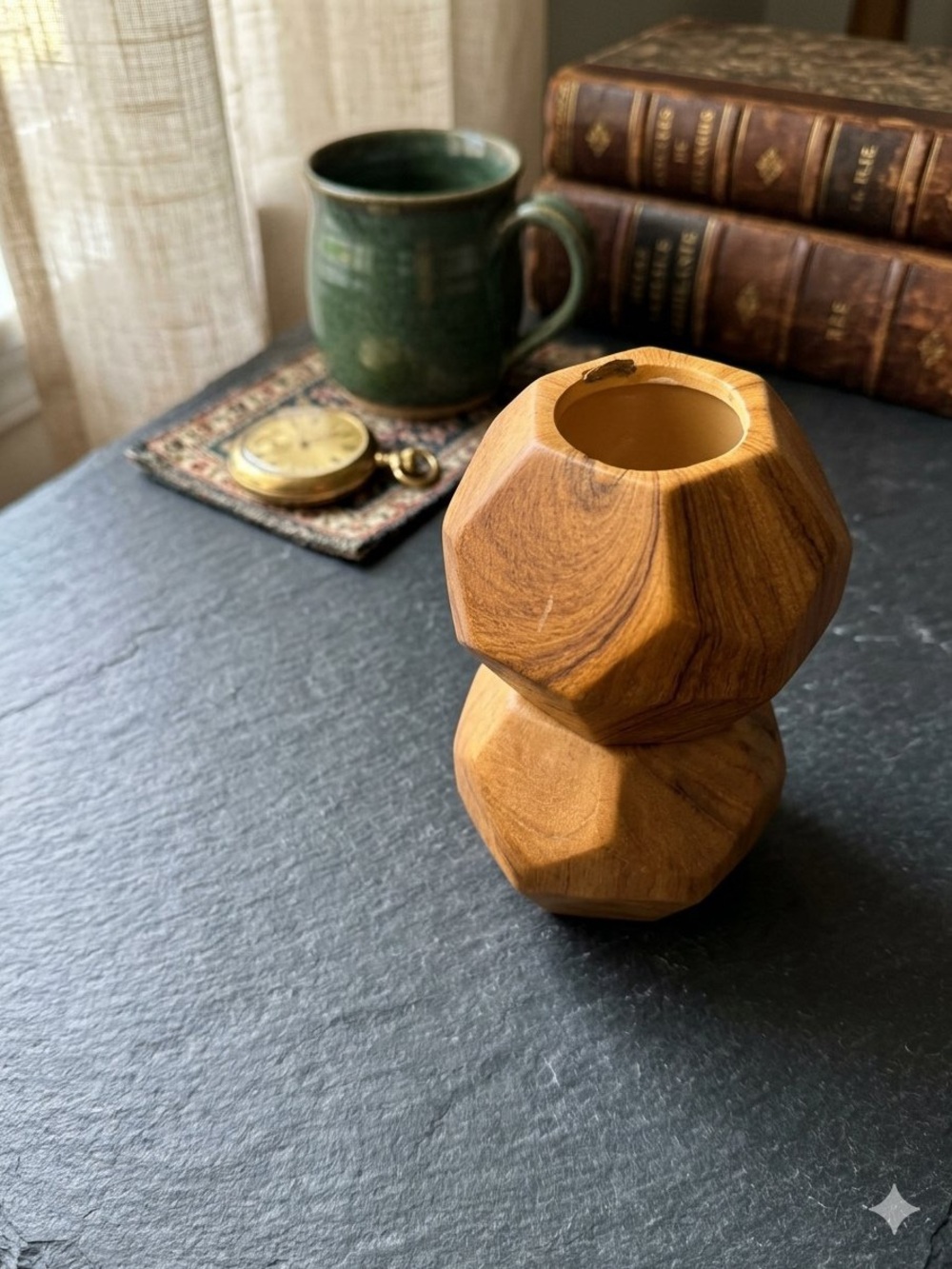 Wooden Faceted Votive Holder - Natural Brown